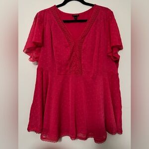 Torrid Women’s Size 1‎ Red Swiss Dot Lace Trim Flutter Sleeve Babydoll Top